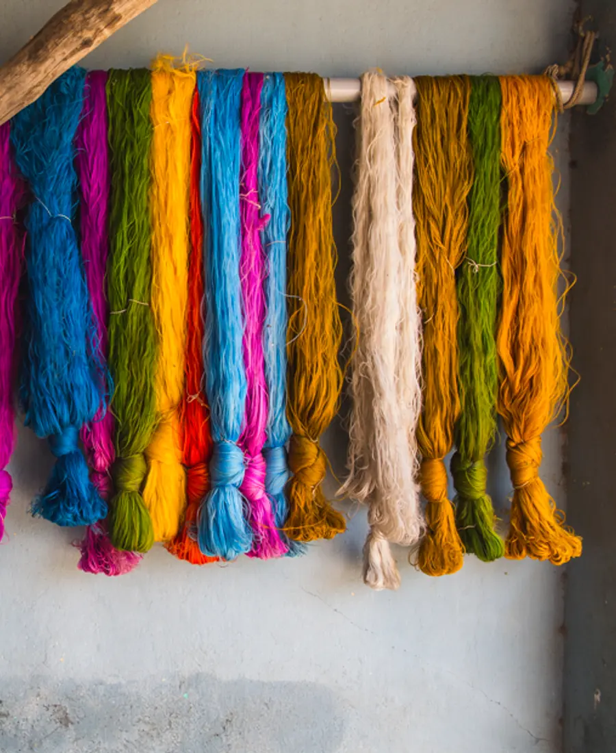 Skeins of brightly dyed silk hanging to dry